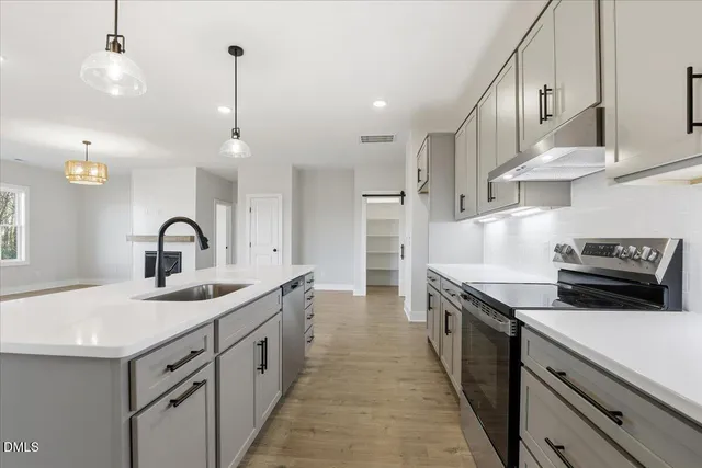 a kitchen with stainless steel appliances granite countertop a sink and a stove