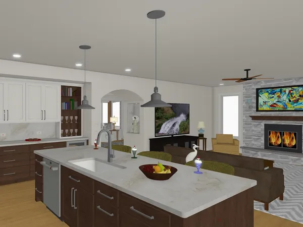 a kitchen with a sink a counter and chairs in it