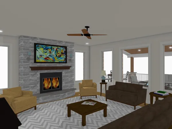 a living room with furniture flat screen tv and a fireplace