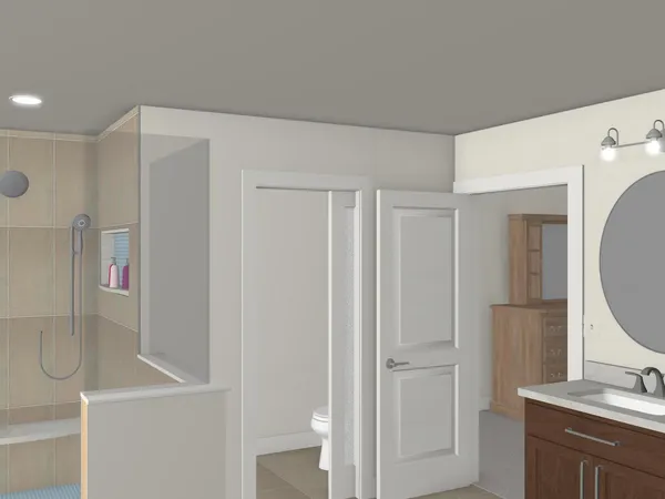 a bathroom with a shower sink and mirror