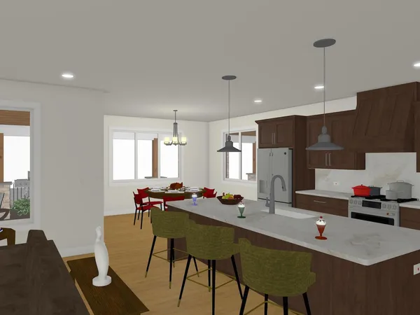 a kitchen with a dining table chairs and a refrigerator