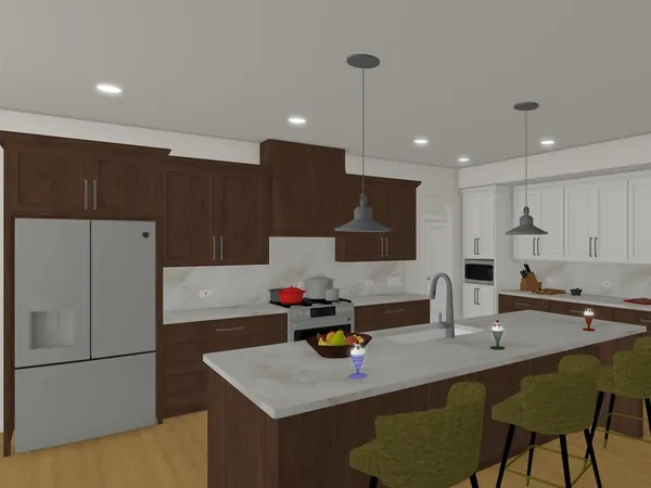 a kitchen with stainless steel appliances granite countertop a sink refrigerator and cabinets