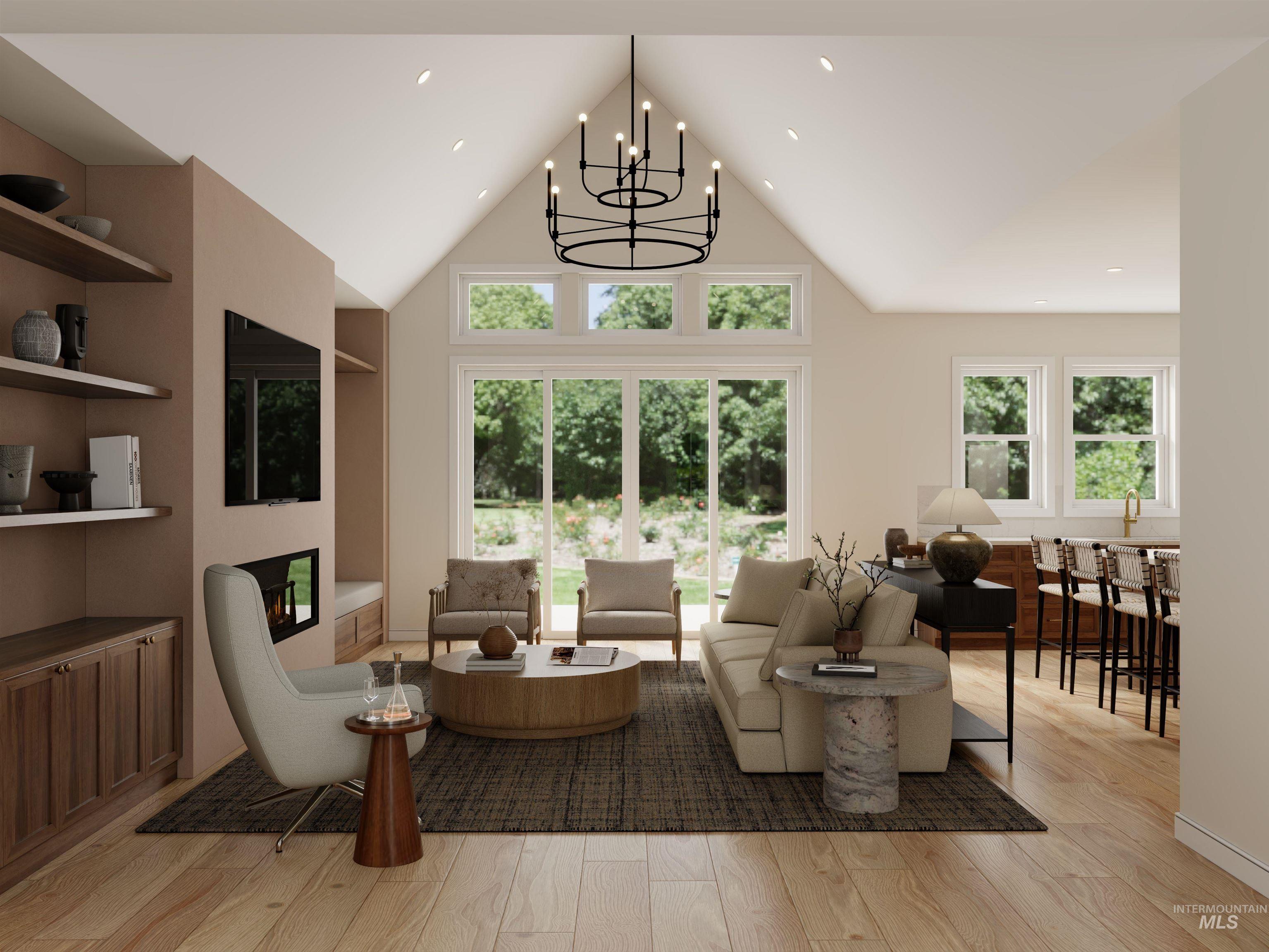 Vaulted ceiling living room featuring a linear fireplace, built-in shelving, wood-finish flooring, and expansive glass sliding doors