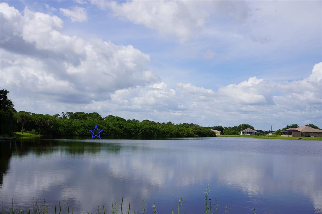 a view of a lake with a city
