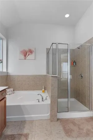a bathroom with a bathtub and a shower