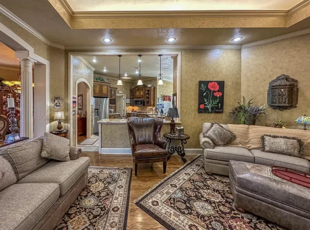 a view of a dining room with furniture