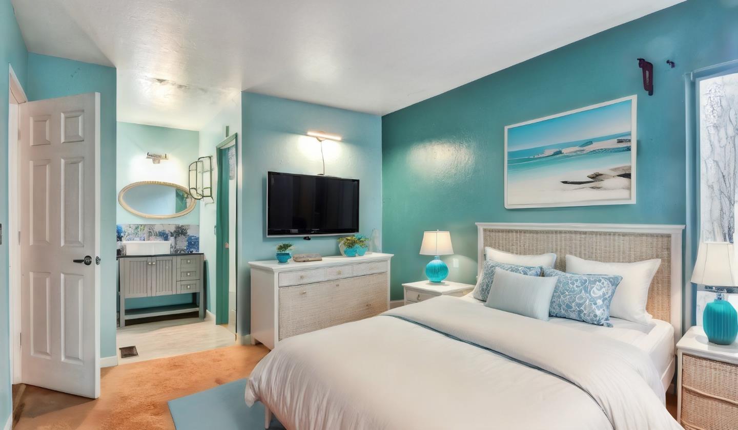 1201 Terra Nova Boulevard Pacifica, CA 94044 - Photo 16 of 28 a bedroom with a bed and a flat screen tv