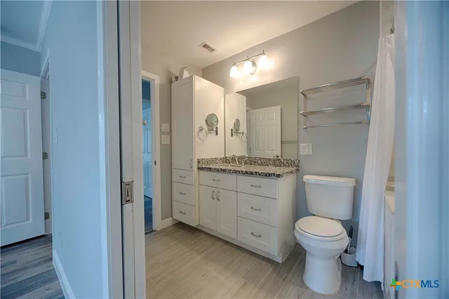 a bathroom with a granite countertop toilet a sink and a mirror