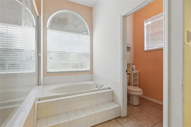 a bathroom with a bathtub and a toilet