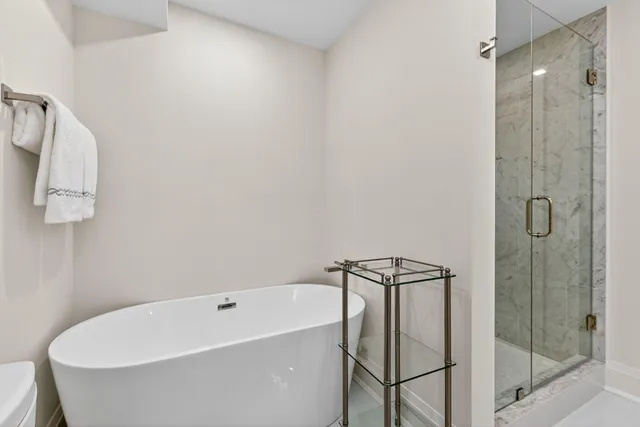 a bathroom with a bathtub and shower