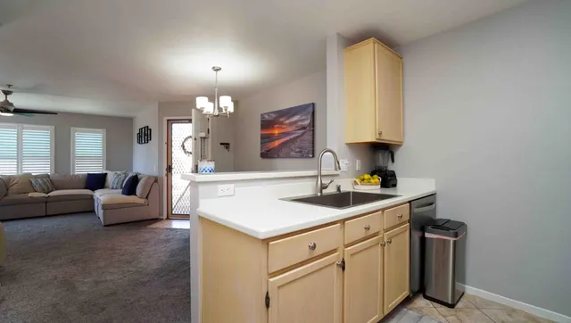 a living room with furniture and a sink