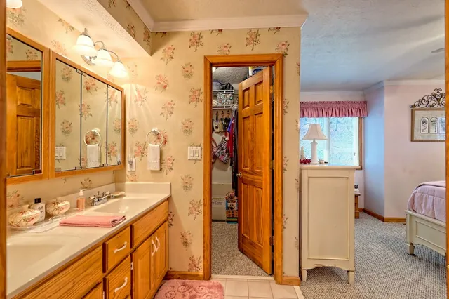 a bathroom with a sink and mirror