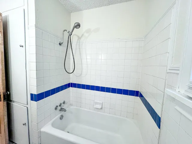 a bathroom with a bath tub and shower