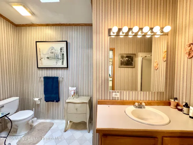 a bathroom with a sink a toilet and a mirror