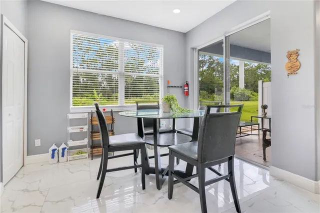 a view of a dining room with furniture window and outside view