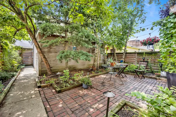a backyard of a house with table and chairs