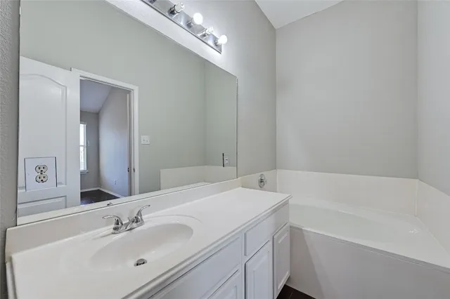 a bathroom with a sink a large mirror and a bathtub