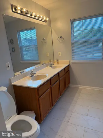 a bathroom with a sink vanity and toilet