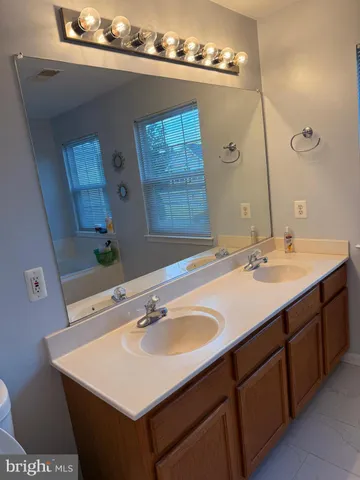 a bathroom with a sink vanity and a mirror