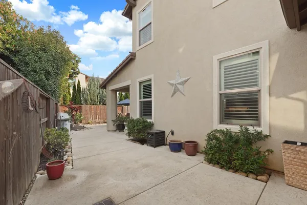 a view of a backyard with potted plants