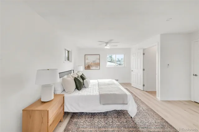 a bedroom with a white bed and white walls