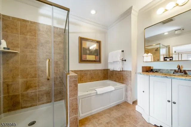 a bathroom with a tub a sink and a shower