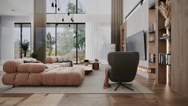 a living room with furniture floor to ceiling window and couch