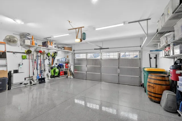 a view of a garage with storage