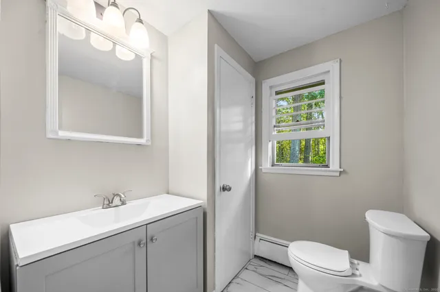 a bathroom with a sink a toilet and a mirror