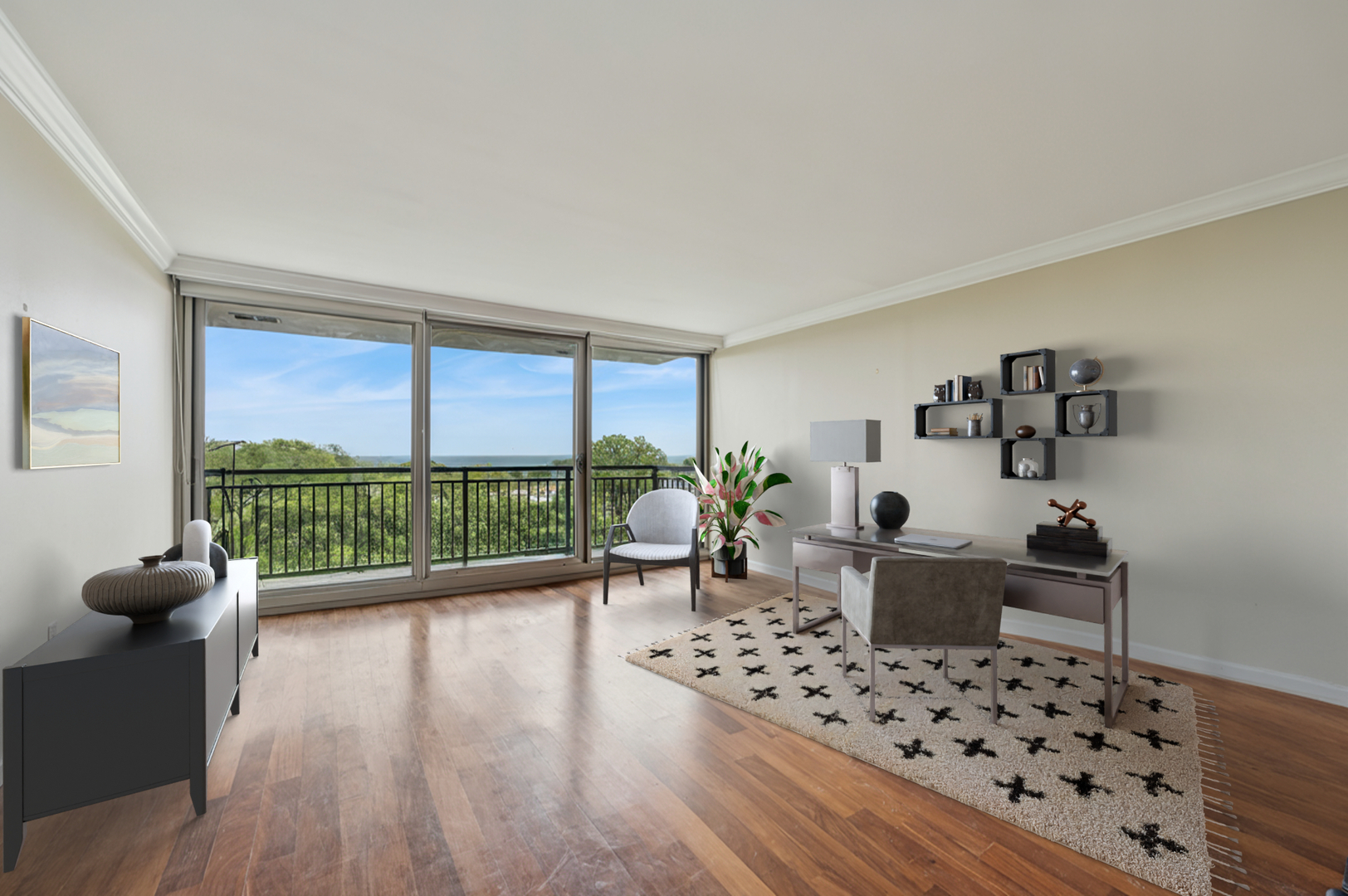 3470 North Lake Shore Drive, Unit 9BC Chicago, IL 60657 - Photo 17 of 21 a living room with furniture and a large window with wooden floor