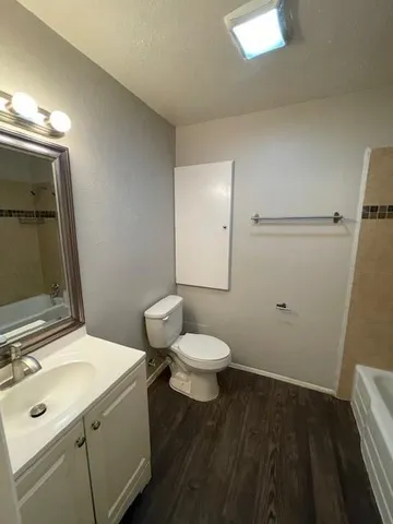 a bathroom with a sink a toilet and mirror