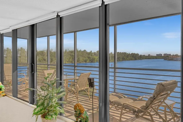a balcony with view of city