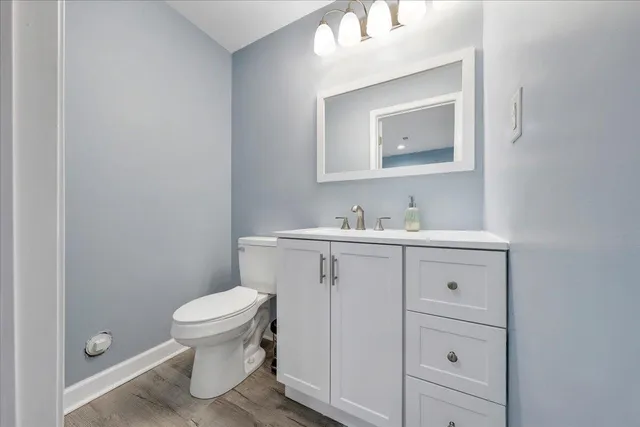 a bathroom with a toilet sink vanity and mirror
