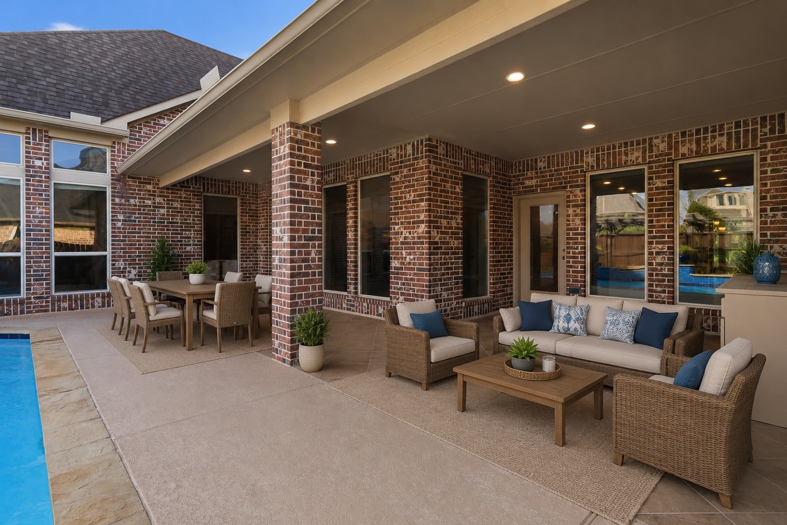 4130 Clover Ridge Lane Sugar Land, TX 77479 - Photo 41 of 48 This virtually staged photo showcases the spacious covered patio and demonstrates how comfortably the area can accommodate both outdoor dining and lounge furniture,