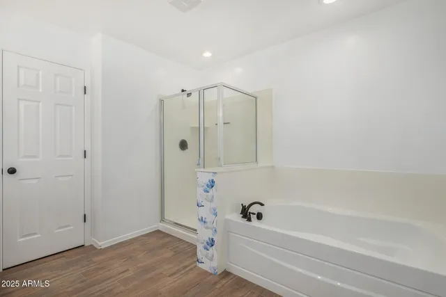a bathroom with a bathtub and a shower
