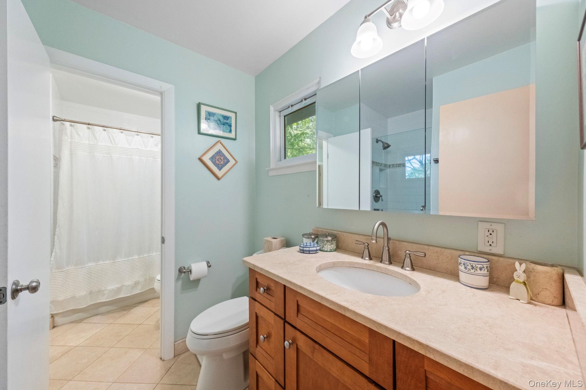 73 Bramblebrook Road Ardsley, NY 10502 - Photo 19 of 35 Bathroom featuring a wood-finish vanity with a light-colored countertop, an undermount sink, and a mirrored medicine cabinet. This bathroom has a shower