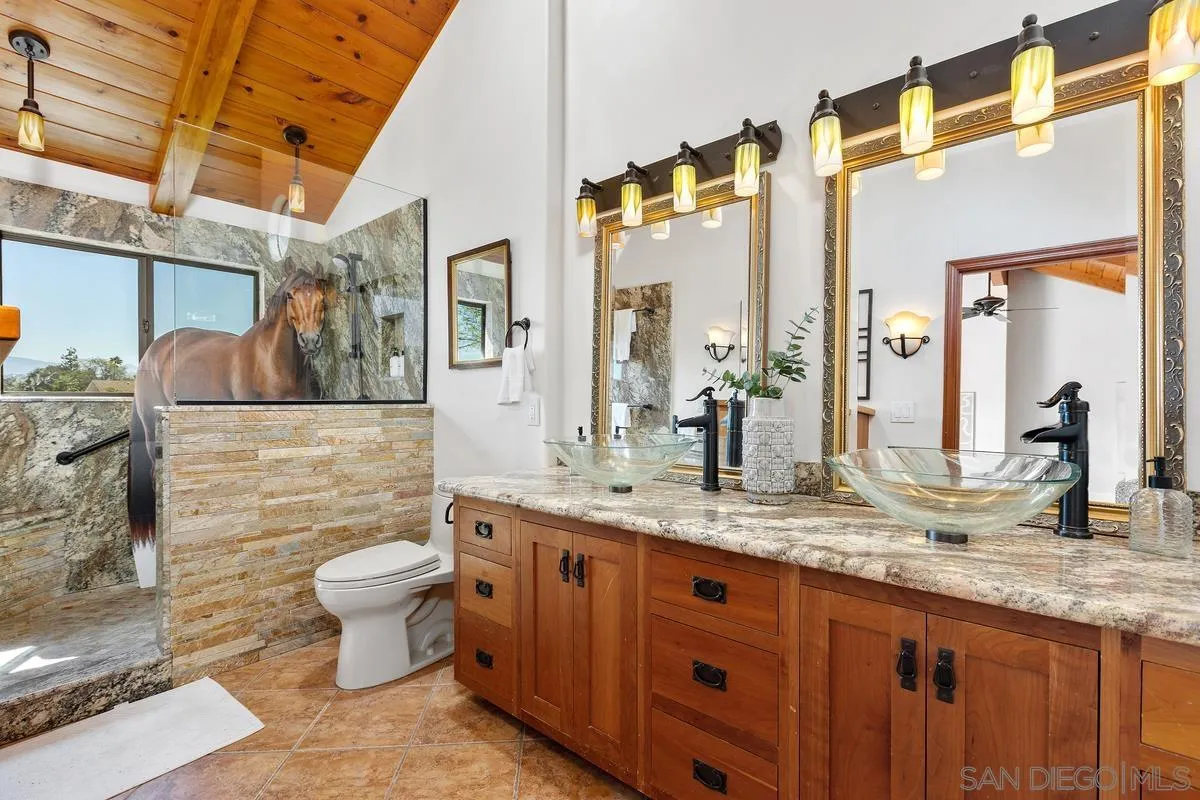 974 Via Hillview Fallbrook, CA 92028 - Photo 20 of 43 a bathroom with a granite countertop sink a toilet and mirror