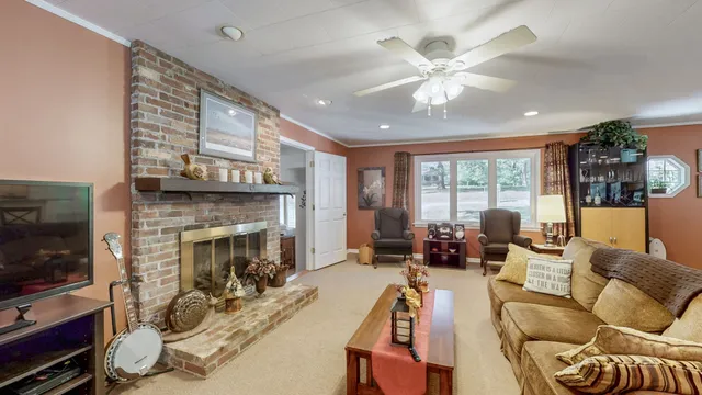 a living room with large windows