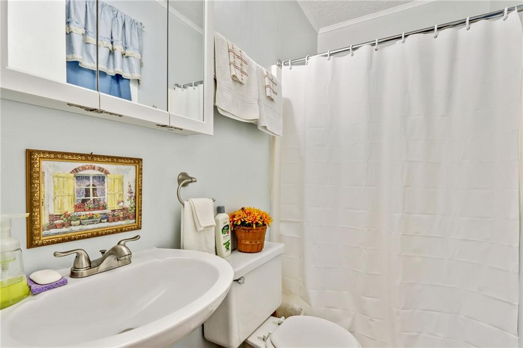 4339 Rex Road Rex, GA 30273 - Photo 13 of 23 a bathroom with a sink a toilet and shower curtain
