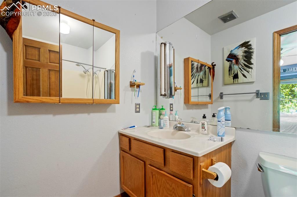2550 Slocum Road Peyton, CO 80831 - Photo 42 of 50 Bathroom vanity with a white countertop and integrated sink, framed by a large wall mirror