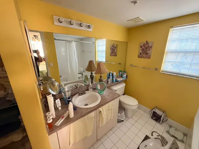 a bathroom with a sink a toilet and a mirror
