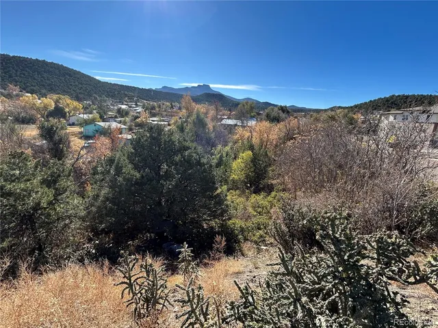 a view of a city with mountains in the background