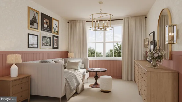 a bed room with a bed and a chandelier