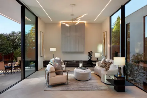 a living room with furniture and a potted plant