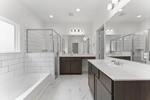 a bathroom with a tub a sink shower and mirror