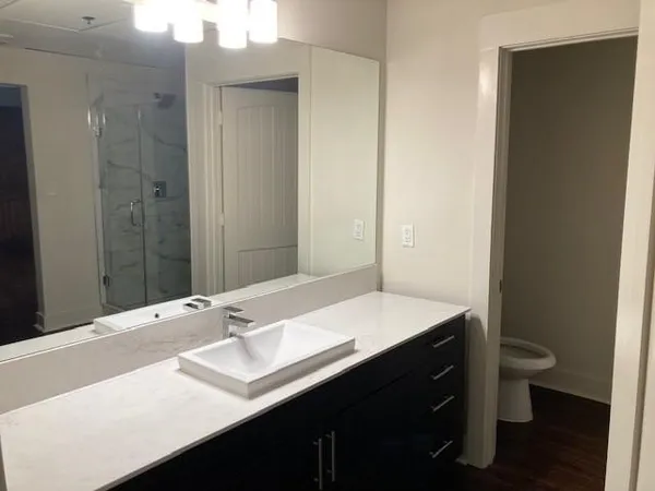 a bathroom with a sink and a mirror
