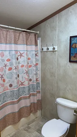 a bathroom with a toilet and a shower curtain