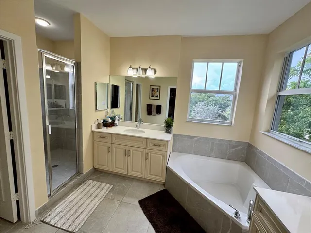 a bathroom with a tub a double vanity sink and a mirror
