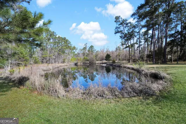 a view of a lake view with houses covered by trees and trees