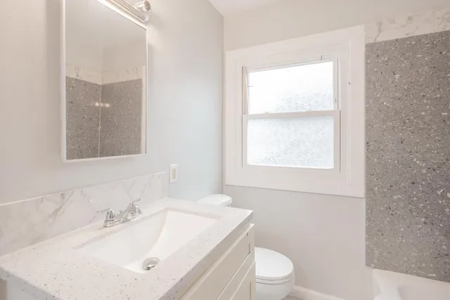 a bathroom with a sink toilet vanity and tub